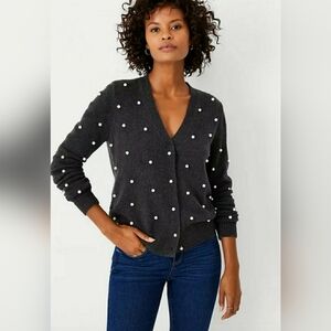 Ann Taylor Charcoal Gray Cardigan with White Pearl Accents - Size: Small.